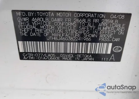 2008 Lexus Es 350 from USA, damaged, VIN JTHBJ46G382241986